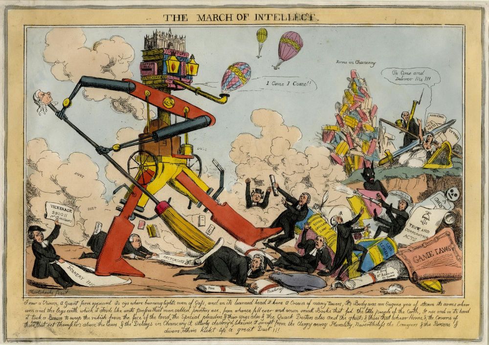 Robert Seymour, The March of Intellect, ca. 1828, visual satire capturing new knowledge powered by mechanical education in the form of an automaton, wearing an architectural model of the University of London as a crown over a pile of books. This visual satire functions as the mast-head for the new special issue of 19 dedicated to two hundred years of literature at the London Mechanics Institution 