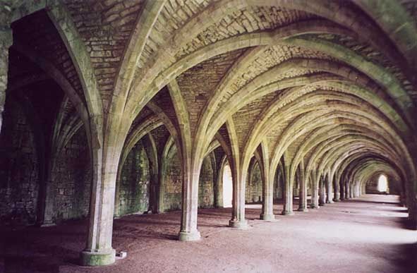 Fountains Abbey undercroft. Founded in 1132 one of the largest and best preserved ruined Cistercian monasteries in England