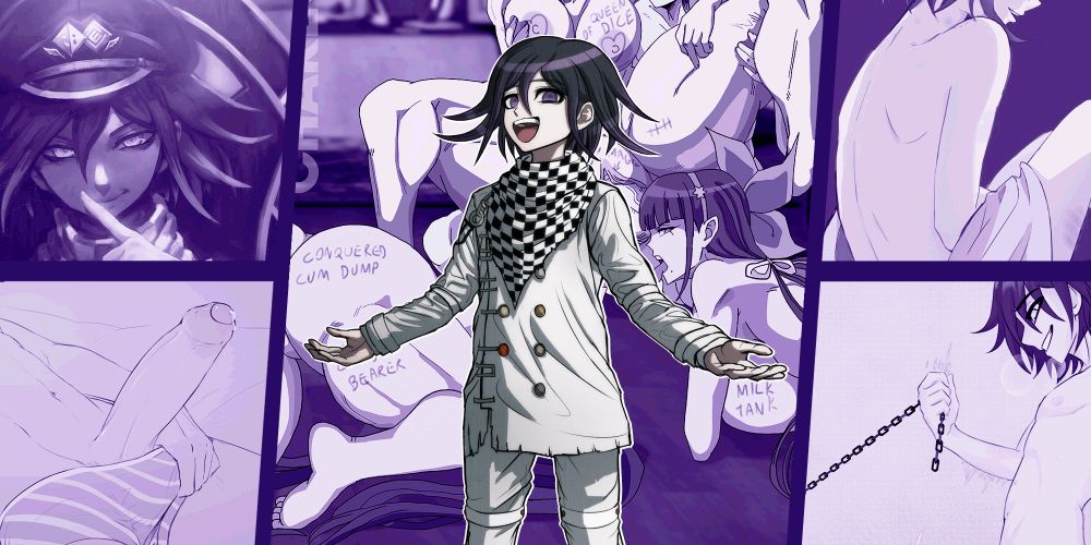 Kokichi Ouma, a small guy with purple hair and eyes, earing a lighlty torned white outfit with a black and white scarf at the center. On each side, pictures in a purple hue of : - his face
- his cock
- girls worshipping him
- his thin body
- him naked, holding someone on a leash