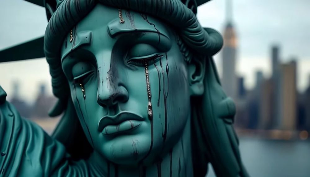 The image prominently features the Statue of Liberty, focusing on the upper portion of the statue, including the crown and part of the face. The statue is positioned in the foreground, occupying a significant portion of the image. In the background, the skyline of New York City is visible, with the Empire State Building being a distinguishable landmark due to its recognizable shape and height. The buildings in the skyline are positioned at varying distances, creating a sense of depth in the image. The Statue of Liberty is shown in close proximity, allowing for detailed observation of its features, such as the folds in the robe and the texture of the crown.