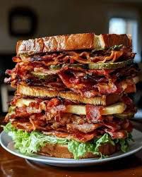 Sandwich de 20cm de haut, contenant essentielle une quantité énorme de bacon et juste une ou deux feuilles de salade.