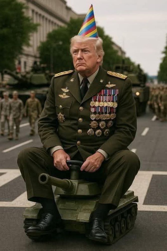 Photo IA de trump en habit militaire et décoré d'une avalanche de médailles, est assis sur un petit char.