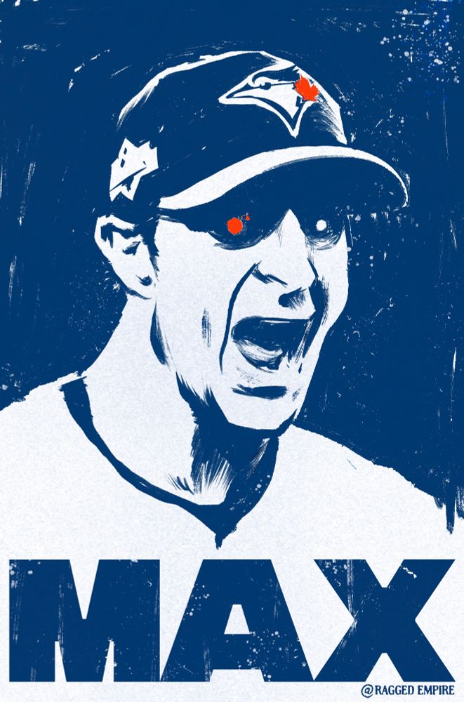 Rough blue and white portrait of Blue Jays pitcher Max Scherzer with one glowing red eye. 