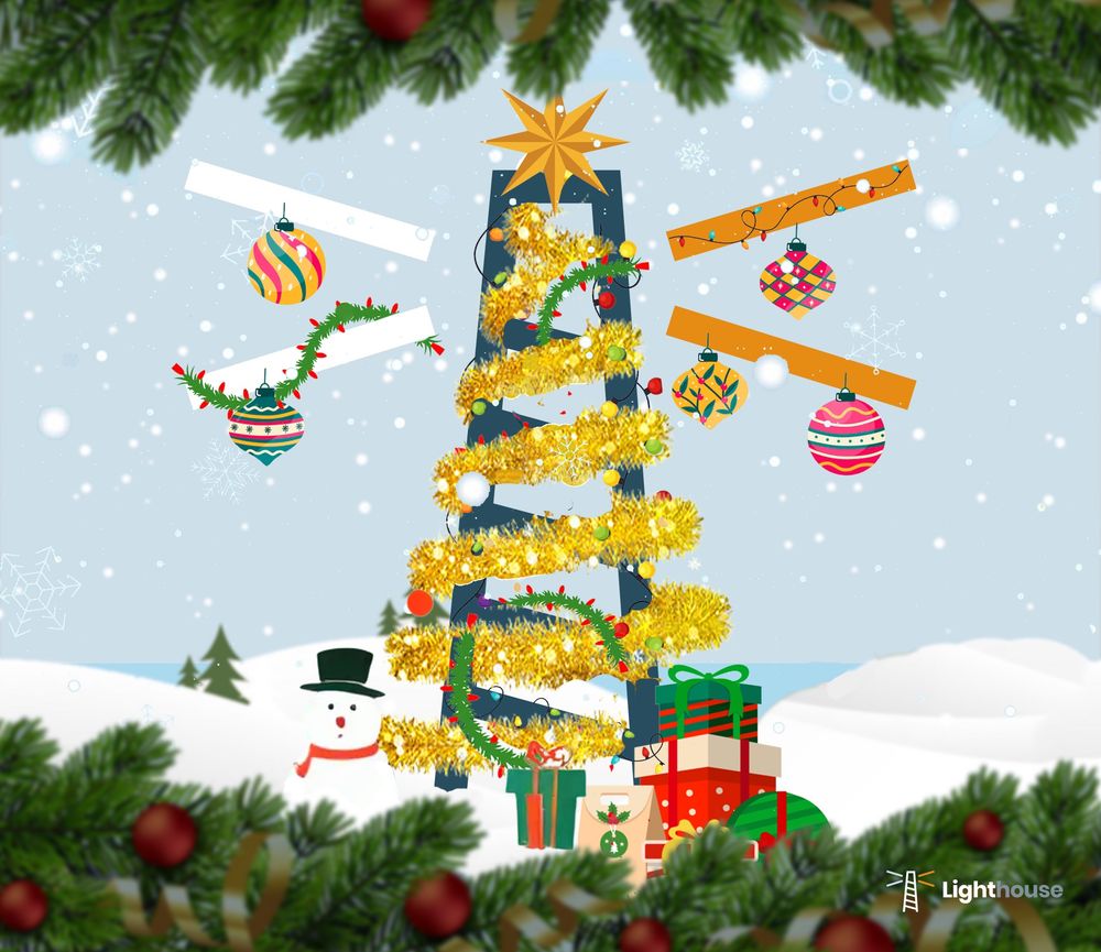The Lighthouse logo decorated with tinsel and Christmas presents, with a snowy background 