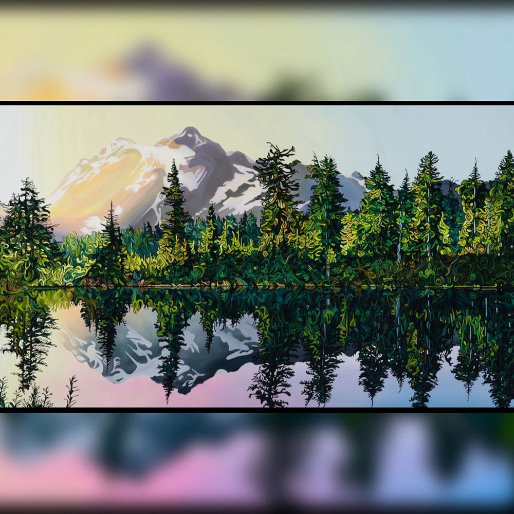 “Guiding Light” captures the stillness and grandeur of Mt. Baker-Snoqualmie National Forest. I painted ancient Douglas firs standing watch over a glacier-fed lake, with the Cascade peaks rising beyond. Their soft yellows, blues, and purples reflect in the water, uniting sky and earth in quiet harmony.

Original Size: 60″ x 36″
#264 – Guiding Light
Painting by @jeffdillonfineart

#LandscapePainting #CanadianArtist #MountainArt #NatureInspiredArt
