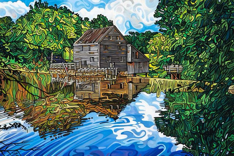 This piece depicts a mill and a small dam. While the canvas is modest in scale, there’s plenty for the eye to linger on. The water appears nearly still, except for the faint waves caused by the drop over the dam. The reflection ripples gently, as if the surface had been brushed with fabric.

#222 – “Timeless Waves“, Painting by @jeffdillonfineart, Original Size: 24” x 16″

#canadianart #fineartpainting #landscapepainting #originalartwork