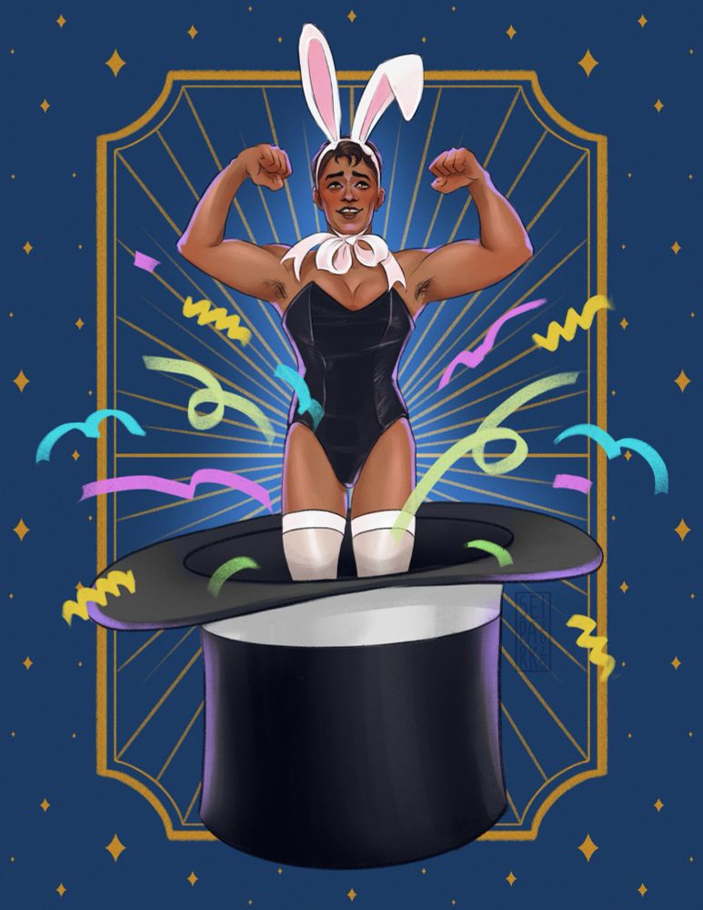 A digital drawing of Jayce in a bunny costume jumping out of a big magicians hat. The background is blue with a yellow frame and stars. There’s also colorful confetti shooting out of the hat, surrounding Jayce 