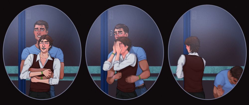 A series of three drawings depicting Viktor and Jayce hugging, then panicking, then hiding, like that cheating couple in the Coldplay kisscam 