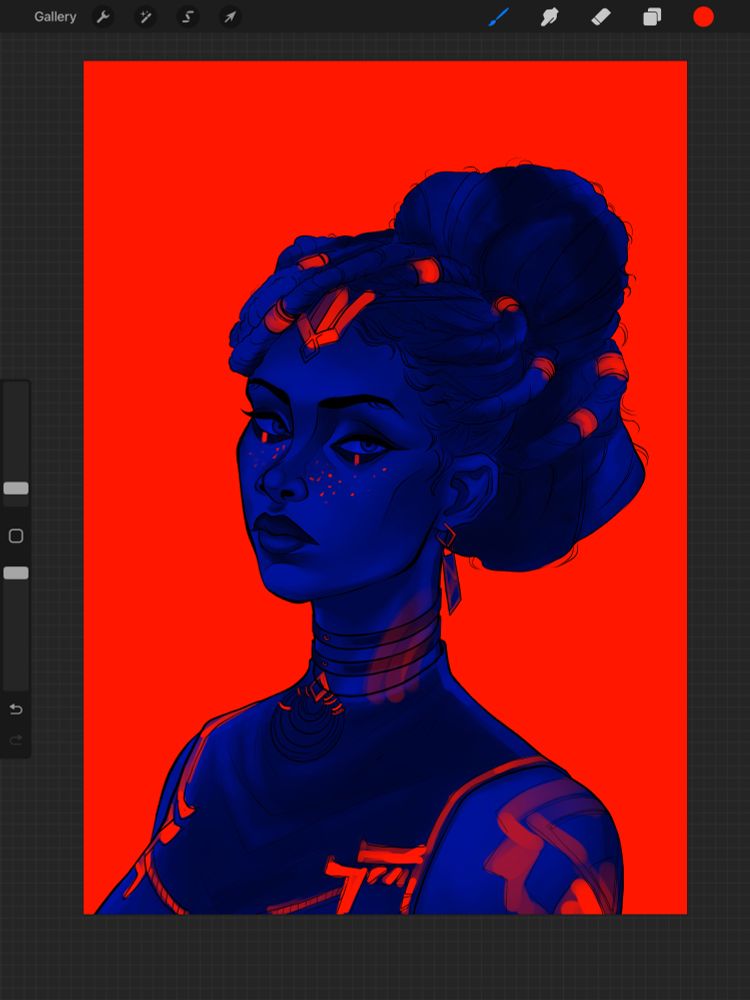A work in progress of a digital painting depicting Mel Medarda, she’s surrounded by a bright red background, while her figure itself is all in cobalt blue hues. 