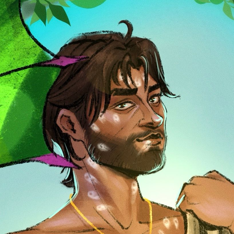 A cropped image of Jayce’s face, drawn and colored digitally. He has a small smirk and a bunch of white fingerprints all over his neck and face. 