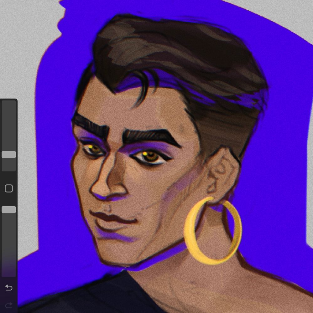A cropped image of Jayce’s face, sketched digitally. He’s wearing a big hoop earring. 