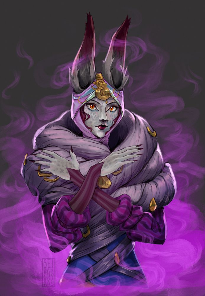 A digital drawing of Lest from Arcane. She is hugging the soft luxurious “fur” around herself She’s surrounded by pink/purple cloud of shimmer. 