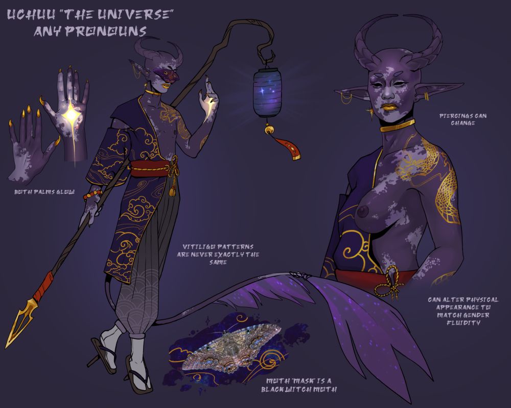 A reference sheet of a character named Uchuu, the romanized spelling of the japanese word for "universe". They are a dark purple with lighter purple vitiligo and white star-like freckles. They wear an open hatori robe, japanese style pants, and geta sandals. A black witch moth rests over their eyes in one of the portraits of them. 