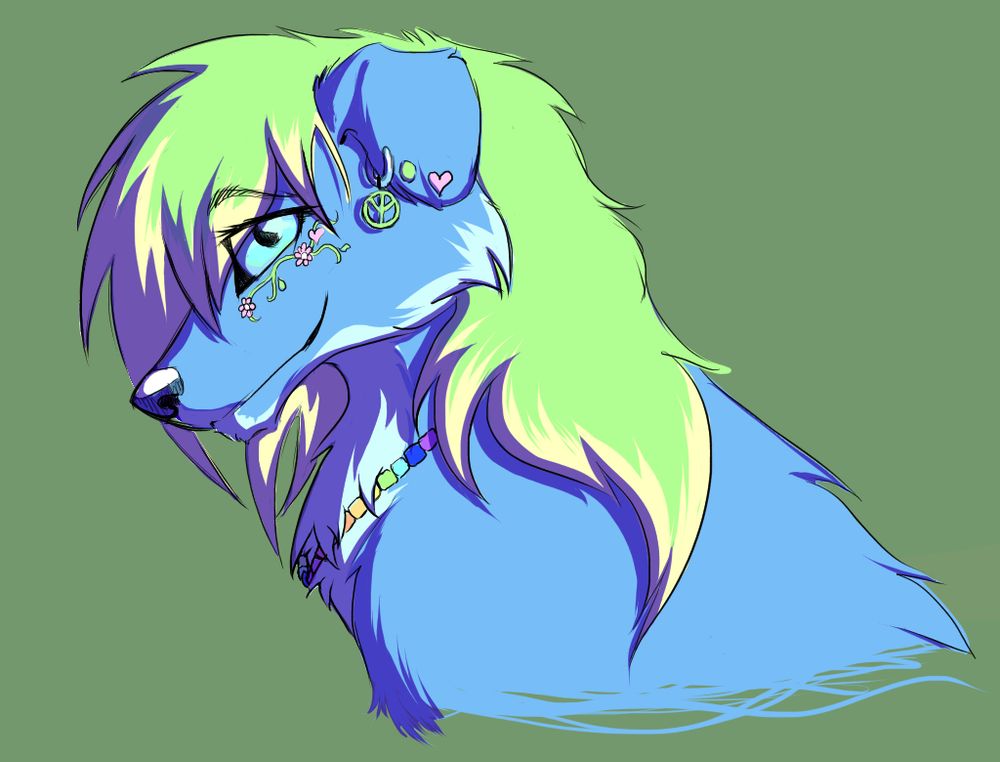 Left facing side view of a sky blue "golden" retriever character with yellow tipped green hair and cyan eyes. She has a peace sign earring, small heart earring on the same ear, a rainbow necklace, and flowering vine themed makeup.