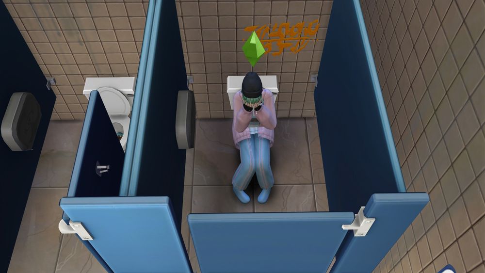 This picture shows a public washroom stall from the top. Inside the stall we can see Sarah with her hands on her face, she’s crying. The stall on the side is not very clean and there’s some graffitti around.