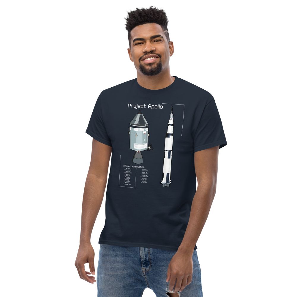 A t shirt featuring a simplified design of the Saturn V and the Lunar Command and Service Modules, with text giving dates of all crewed apollo launches.