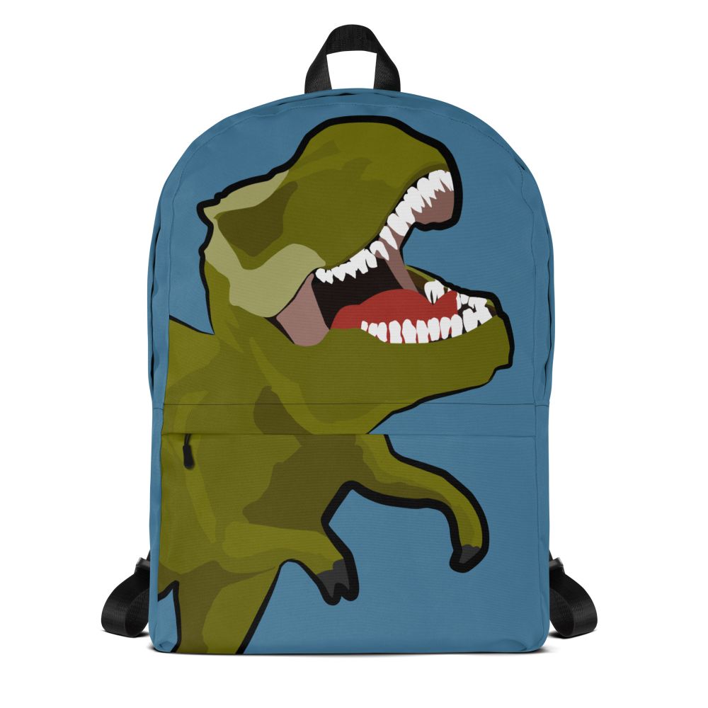 A blue backpack featuring a T-Rex design