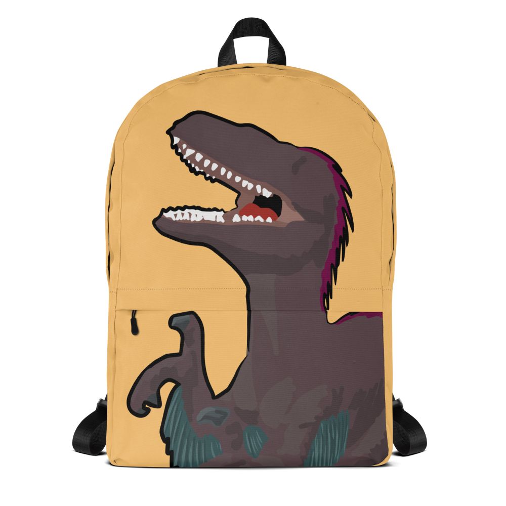 A yellow backpack featuring a velociraptor design