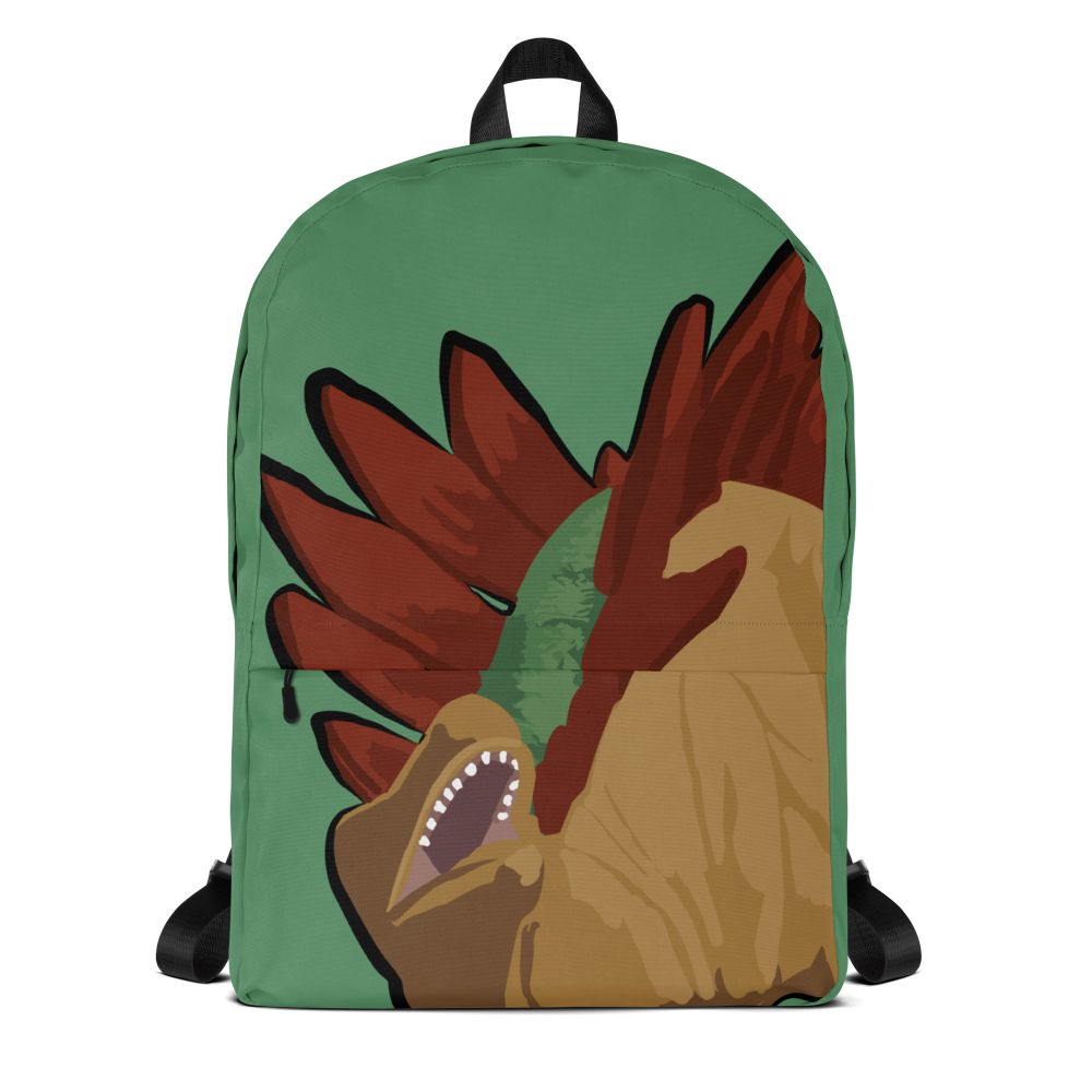 A green backpack featuring a stegosaurus design