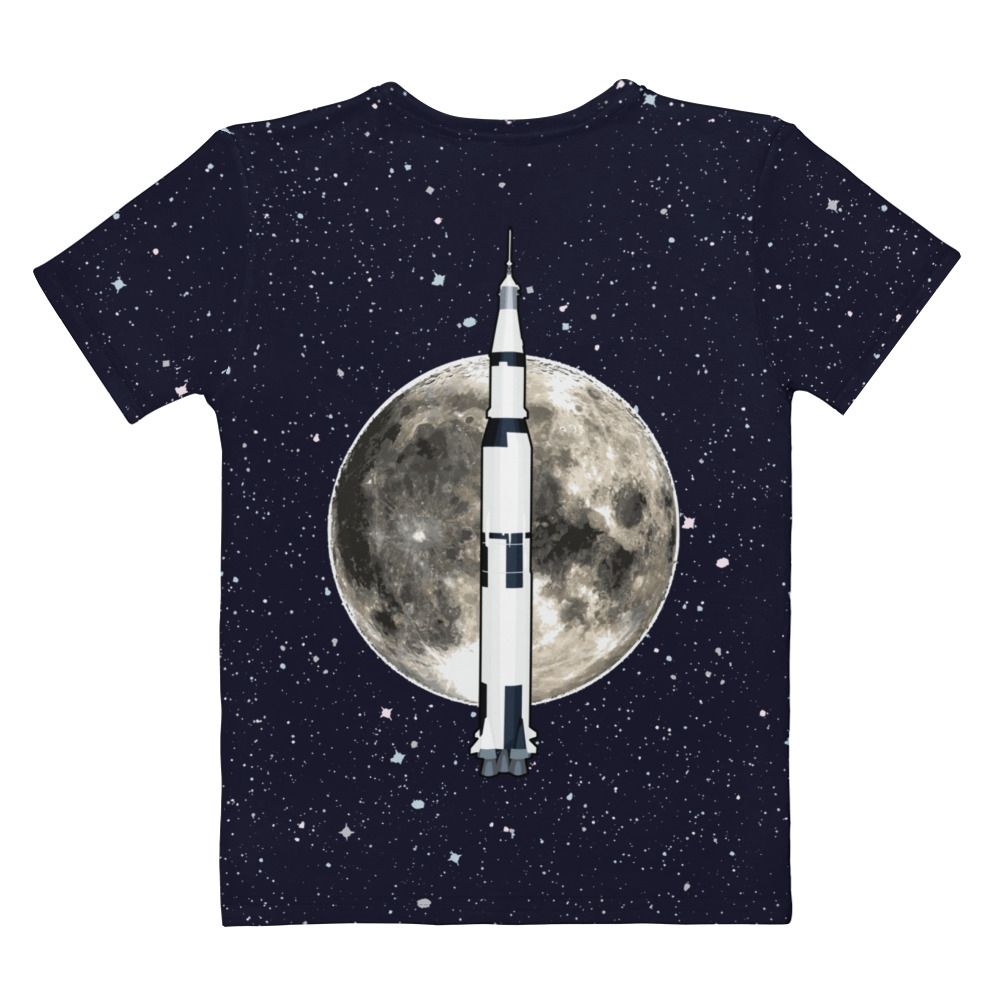 The back of a t-shirt featuring the Saturn V rocket shillouetted against the moon