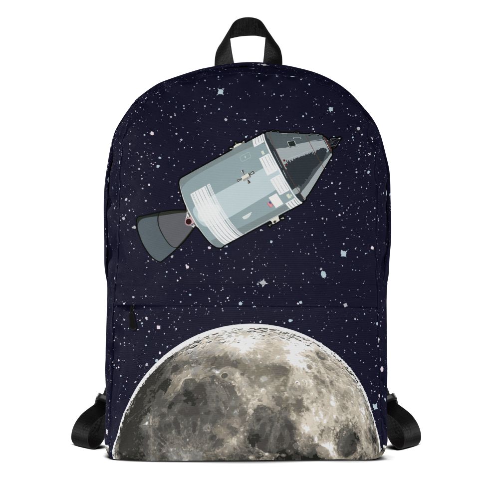 A backpack featuring the moon on the bottom half with the apollo Lunar service and command module in orbit around it.