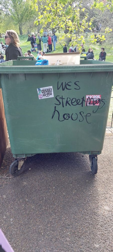 A dumpster-style bin with the words "Wes Streeting's House" written on it.