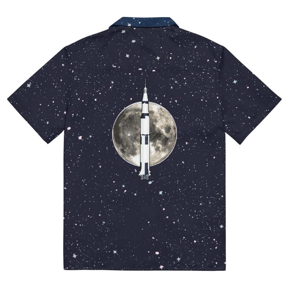 The back of a button up shirt featuring the Saturn V rocket shillouetted against the moon