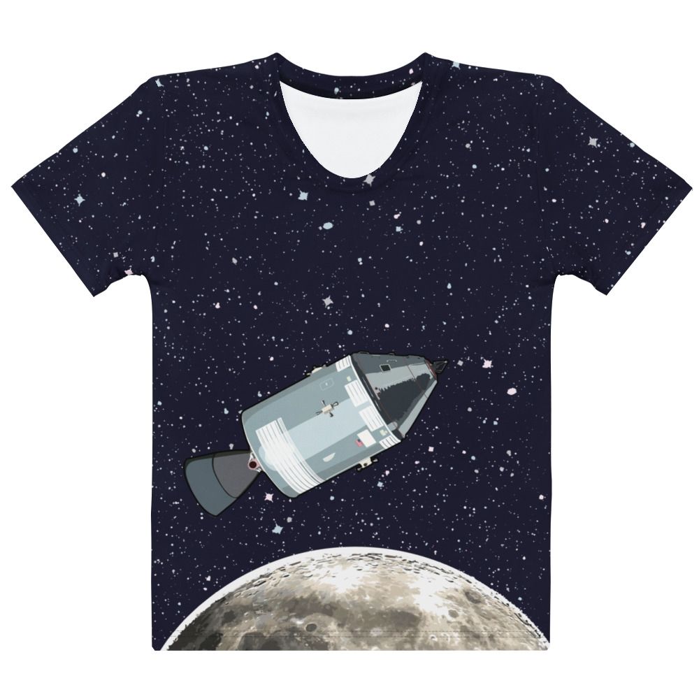 A t shirt featuring the Apollo Command and service module in orbit around the moon