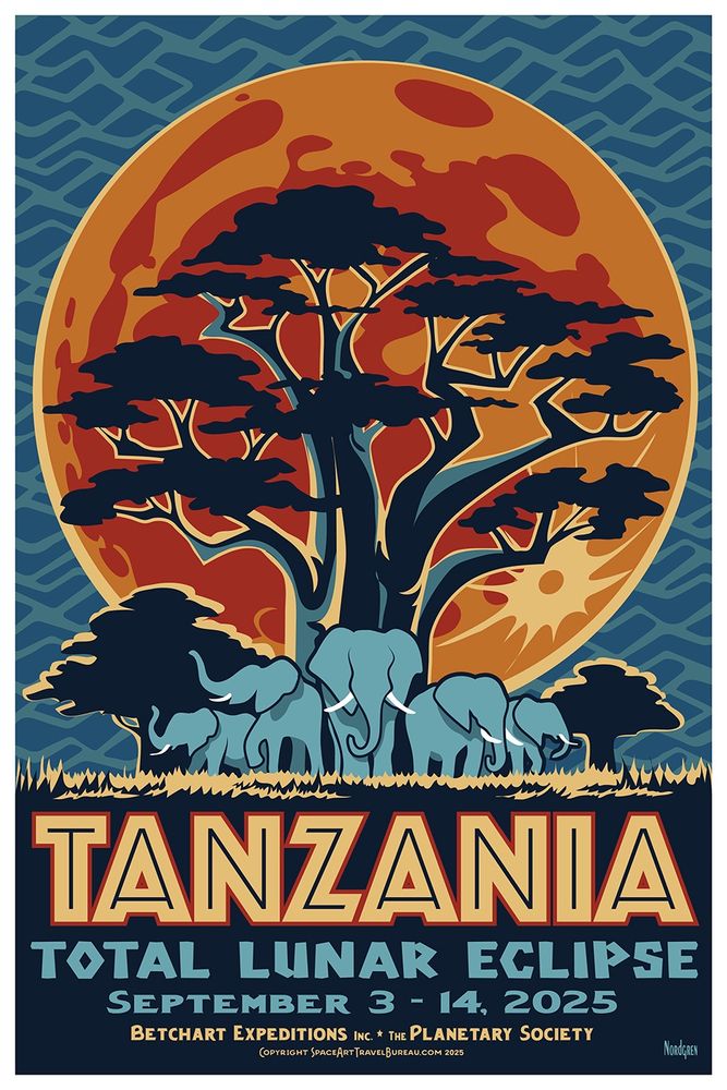 A red moon rises behind a baobab tree as elephants huddle beneath.