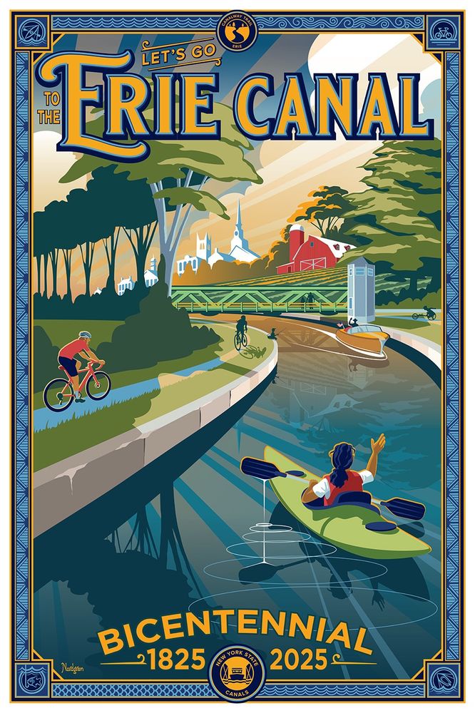 A retro-style poster of a kayaker waving to a boater on the Erie Canal as bicyclists ride through evening farmland along the canal.