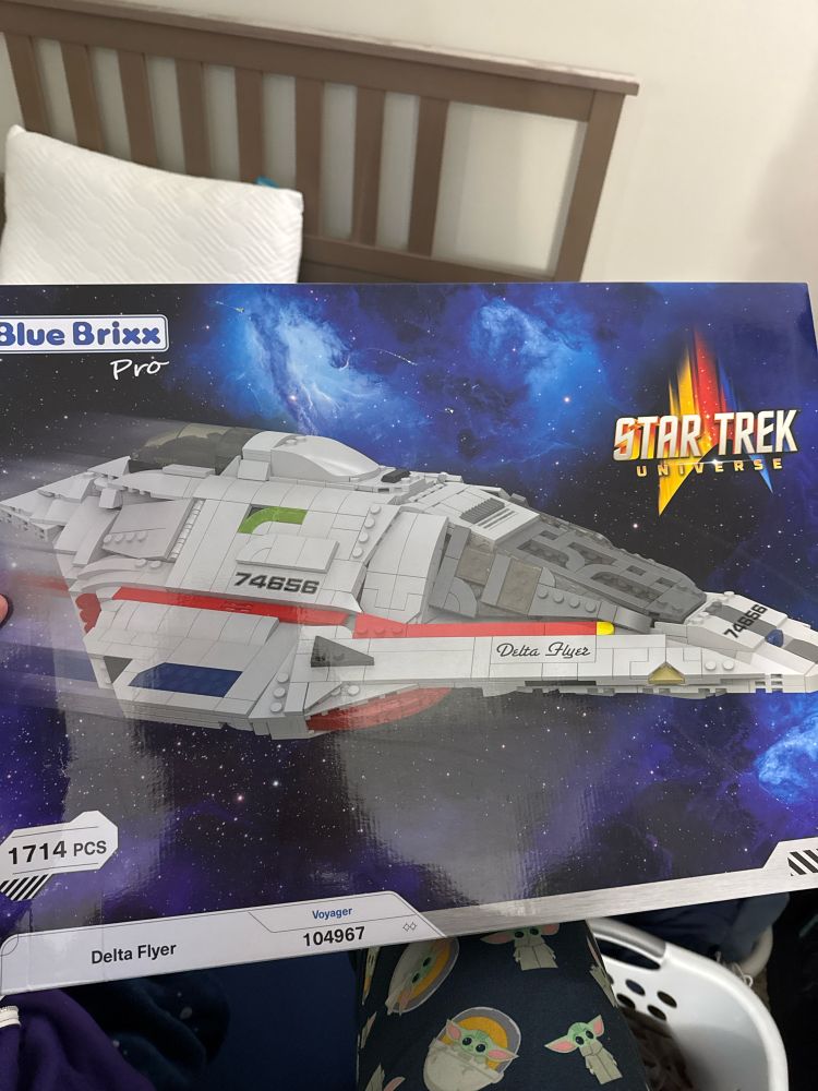 A Blue Brixx (a German plastic brick toy company) box for a Delta Flyer model, as seen in Star Trek: Voyager.