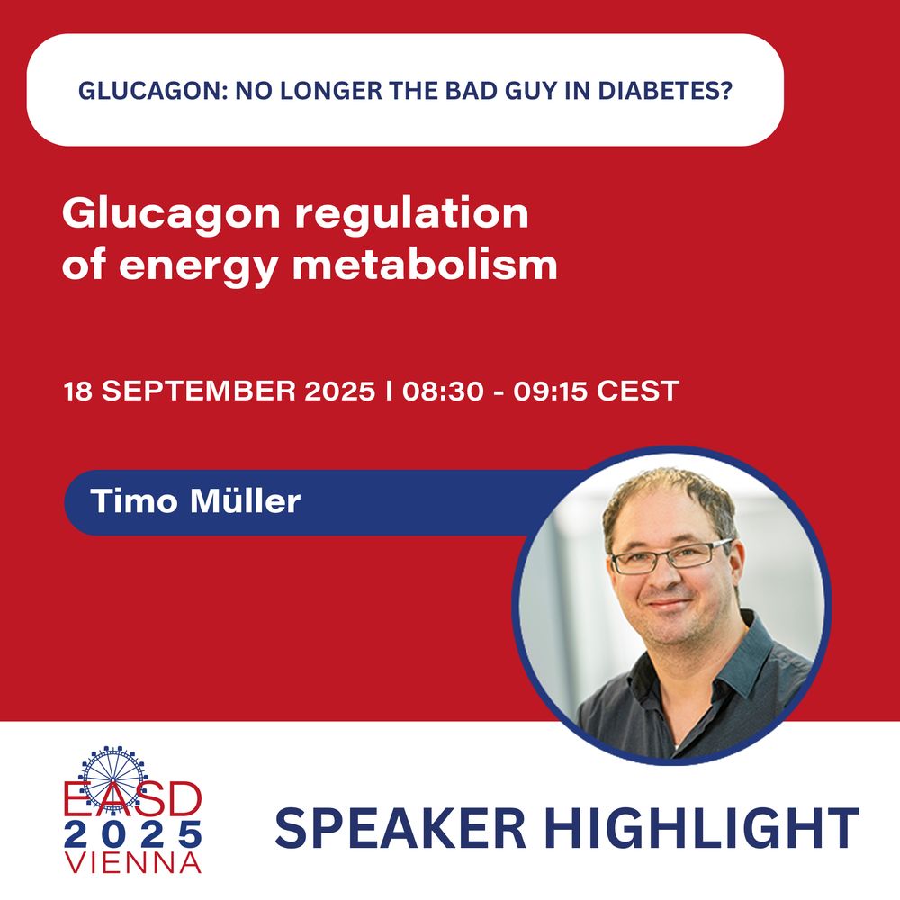 Promotional graphic for a speaker highlight at EASD 2025 in Vienna. The session is titled "Glucagon: No longer the bad guy in diabetes?" with the topic "Glucagon regulation of energy metabolism." The session is scheduled for 18 September 2025, from 08:30 to 09:15 CEST. The speaker is Timo Müller, whose photo appears in a circular frame. The EASD 2025 Vienna logo is at the bottom left, and the words "Speaker Highlight" are written at the bottom. The background is primarily red, white, and blue.