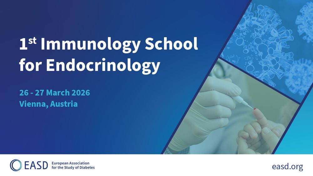 Promotional graphic for the “1st Immunology School for Endocrinology,” taking place on 26-27 March 2026 in Vienna, Austria. The design features a blue gradient background with white and turquoise text. On the right side, there are images of a gloved hand performing a finger-prick blood test and stylized blue virus-like illustrations. At the bottom, the EASD (European Association for the Study of Diabetes) logo and the website “easd.org” are displayed.