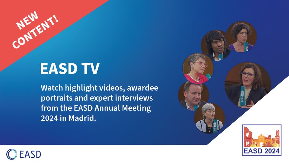 Graphic promoting EASD TV with a red banner in the top-left corner reading 'NEW CONTENT!' on a blue gradient background. The text reads: 'EASD TV - Watch highlight videos, awardee portraits and expert interviews from the EASD Annual Meeting 2024 in Madrid.' Circular photos of six speakers holding EASD TV microphones are arranged on the right. The EASD logo is in the bottom-left corner, and the EASD 2024 logo featuring Madrid landmarks is in the bottom-right corner.