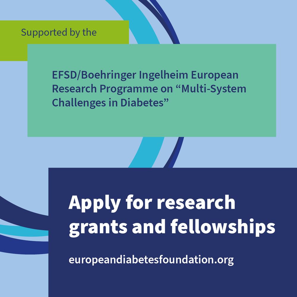 Call to action encouraging applications for research grants and fellowships at europeandiabetesfoundation.org. The image notes support from the EFSD/Boehringer Ingelheim European Research Programme on 'Multi-System Challenges in Diabetes.'