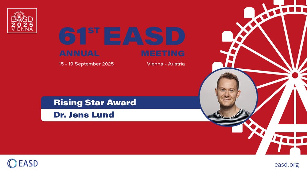Promotional graphic for the 61st EASD Annual Meeting, taking place from 15–19 September 2025 in Vienna, Austria. The background is red with a white Ferris wheel illustration on the right-hand side. At the top left, the EASD 2025 Vienna logo is displayed. Large blue text reads “61st EASD Annual Meeting” with event dates and location beneath. In the centre-left, a blue and white banner highlights the “Rising Star Award” recipient, Dr. Jens Lund. To the right, there’s a circular photo of Dr. Jens Lund, a man with short light brown hair, wearing a black and white striped shirt, smiling against a light grey background. At the bottom left is the EASD logo, and the website easd.org appears at the bottom right.