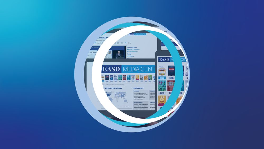 Stylized graphic featuring overlapping circular shapes in light blue and white, framing screenshots of the EASD (European Association for the Study of Diabetes) Media Centre website. The website interface displays various publication covers from past years, a world map of viewer locations, and media content. The background is a gradient of blue tones.