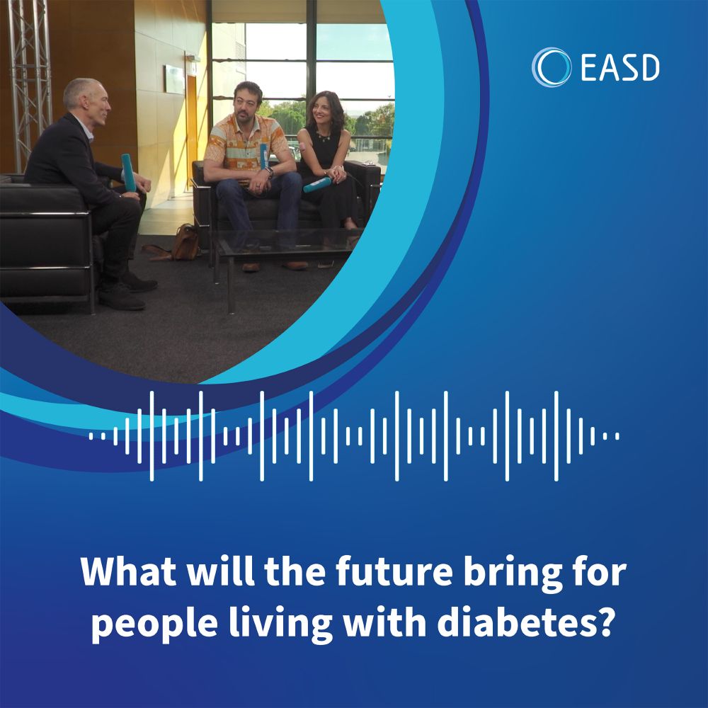 A promotional graphic from EASD featuring three people ( Bastian Hauck, Renza Scibilia and Christian Collin) seated on black sofas in conversation. One man in a black suit speaks with a casually dressed man and woman, both holding EASD-branded microphones. The scene is framed by layered blue circular graphics on the right, with the EASD logo in the top right corner. Below the image, audio wave graphics accompany the text: “What will the future bring for people living with diabetes?” on a blue gradient background.