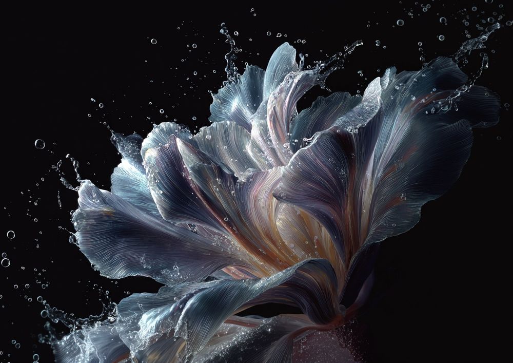 inverted sgraffito on black glass, an abstract flower covered in ice high contrast palette, strong visual flow --chaos 10 --ar 7:5 --stylize 240