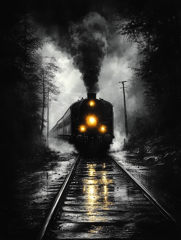 a modern train coming towards with yellow lights at night, Nordic Noir --ar 3:4 --sref 3987856415 --stylize 550