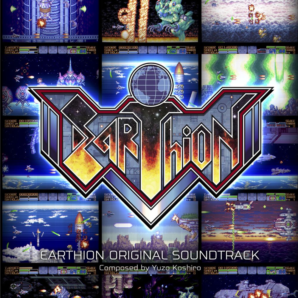 Jaquette de l'album Earthion Original Soundtrack par Yuzo Koshiro, représentant plusieurs écrans de jeux du shoot'em up avec le logo EARTHION en surimpression.
