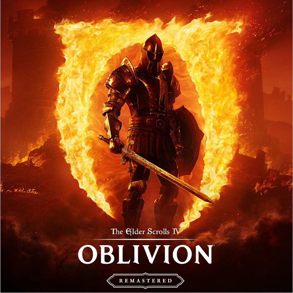 Illustration promotionnelle d'Oblivion Remastered mettant en scène un chevalier posant devant le logo de la série The Elder Scrolls en feu