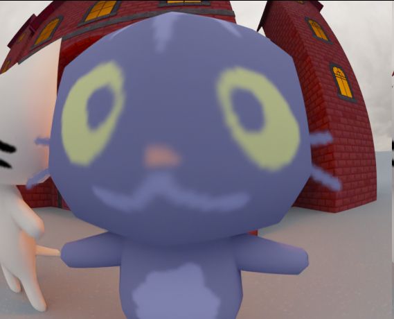 a blue cat with yellow eyes stares into a fisheye-lens camera. a red building can be seen in the background. it's daytime and overcast.