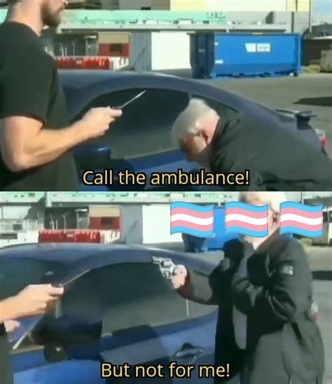 two panels, vertically. the top panel shows left figure threatening right figure with a knife. right figure is leaning over. the caption reads " Call the ambulance! "
the bottom panel shows left figure backing away as right figure has risen up to reveal a gun, now aimed at left figure. right figure's face has been obscured by three trans flag emoji. the caption reads " But not for me! "