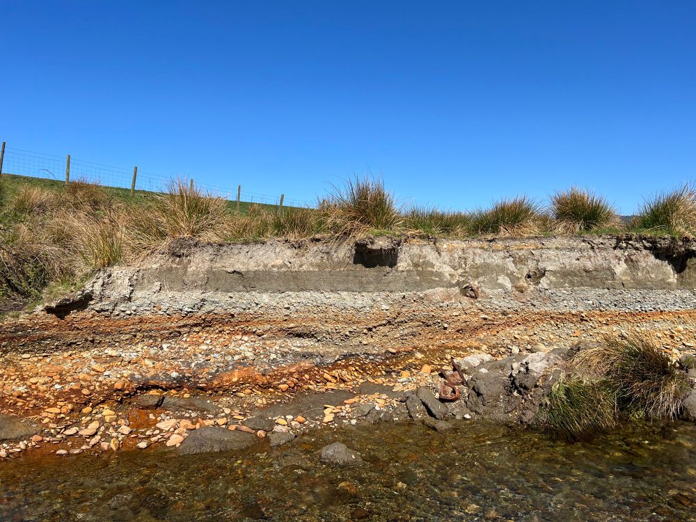 A cross section of erosion by a river. It shows layers of res iron rich conglomerate and overlying silty deposits.