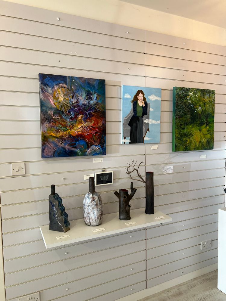 Paintings by Jules Cadie and Jenny Phillips, with ‘chimney’ pots but Chris Goan at seatree Argyll.