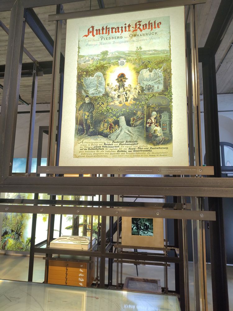 A display at a museum showing a 1900s advertisement for Anthrazit Kohle (coal)