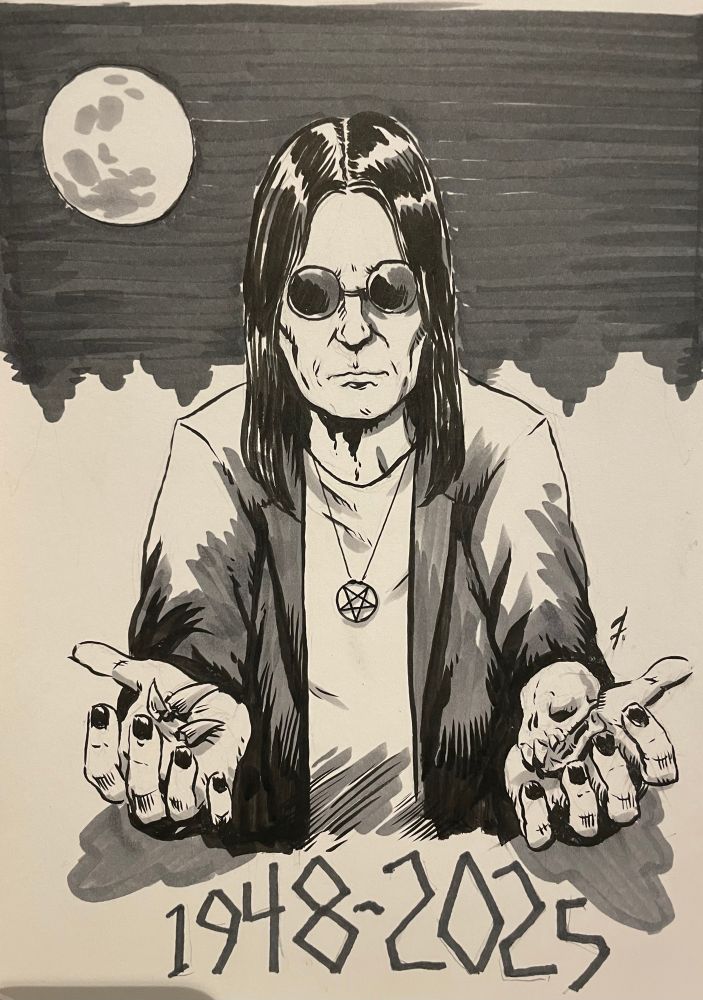 Pen & ink drawing of Ozzy Osbourne with extended palms, holding some fangs in one hand and a bat skull in the other 