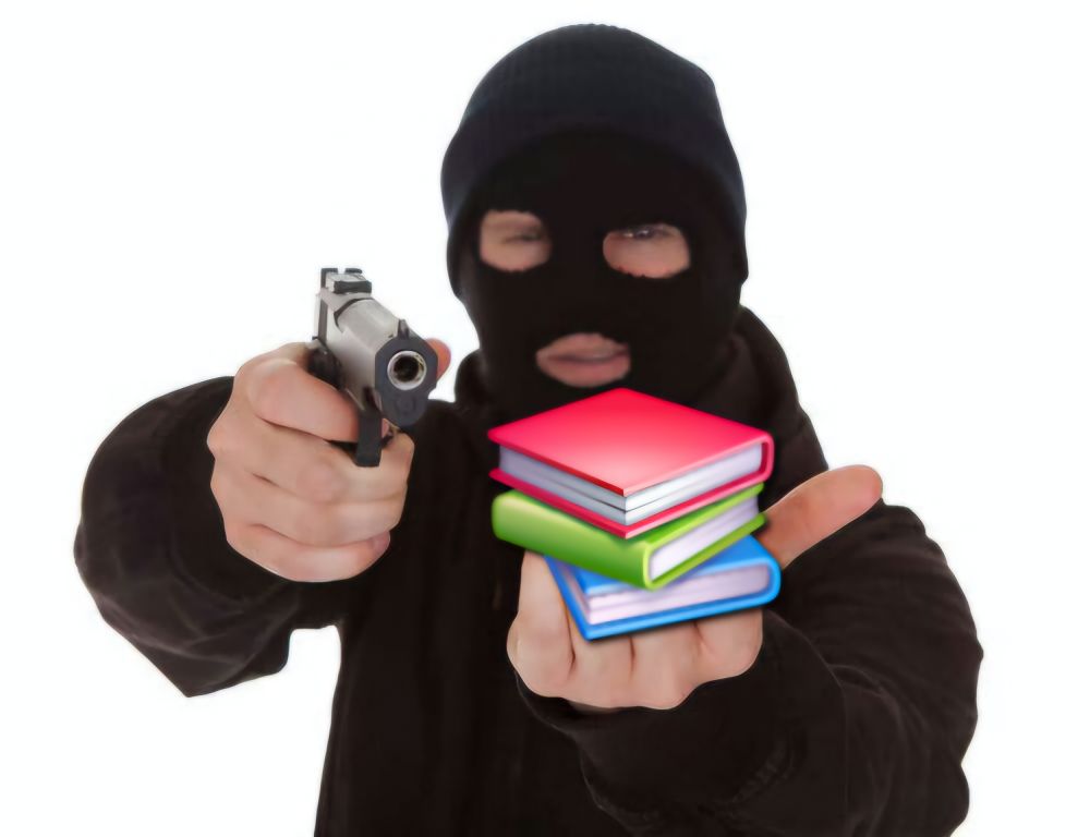 정면을 향해 총을 겨누고 있는 강도 스톡 이미지에 책 무더기 이모지를 합성한 이미지.
강도는 눈과 입이 뚫린 검은 복면을 쓰고, 검은 옷을 입고 있으며 남성으로 추정된다.