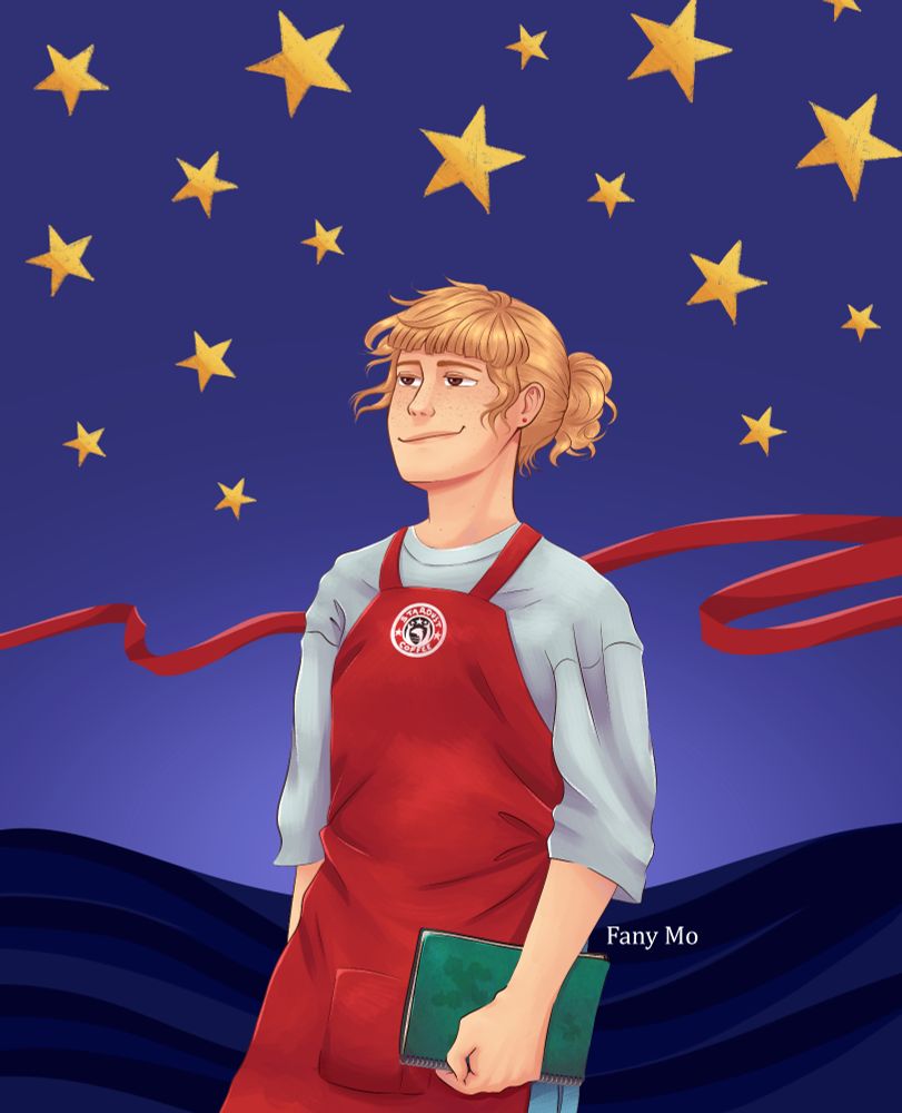Dibujo digital de Cris, una mujer joven, rubia y con pecas. Lleva puesto el delantal de la cafetería donde trabaja y sostiene una vieja libreta verde en la mano izquierda. Mira el cielo con una sonrisa.
El fondo simula un cielo nocturno; en la parte baja hay un mar bastante simplificado de color oscuro; enmedio hay un lazo rojo flotante que pasa detrás de la espalda de Cris, y arriba hay estrellas amarillas con textura de gis, pintadas con un degradado que va del naranja al amarillo.
